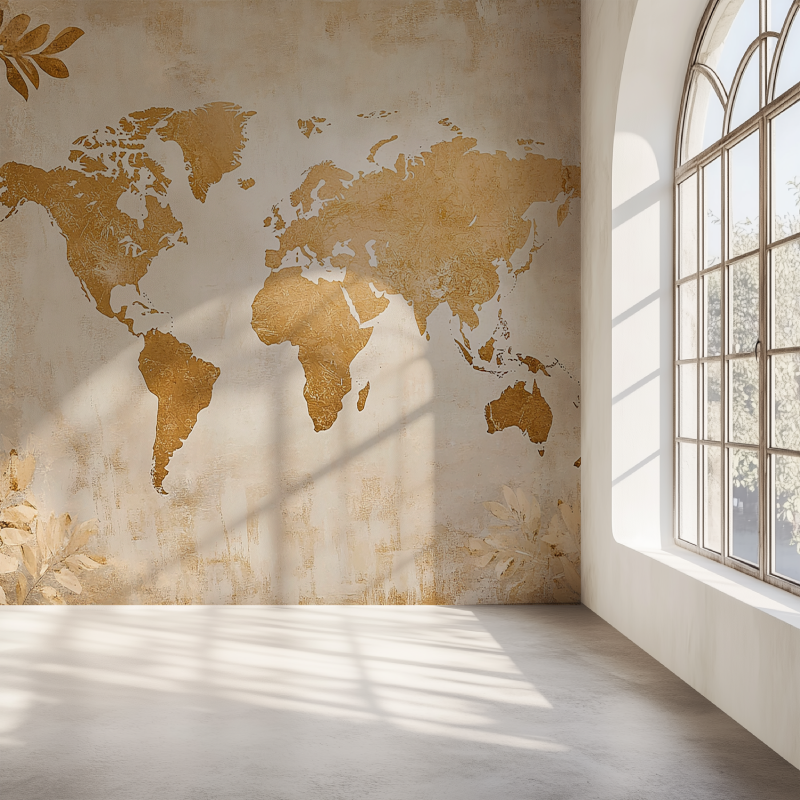 Papier peint carte du monde dore feuillage mur simple