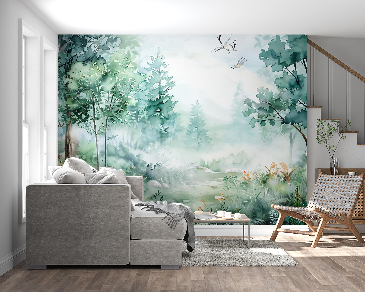 Papier peint aquarelle foret panoramique mural