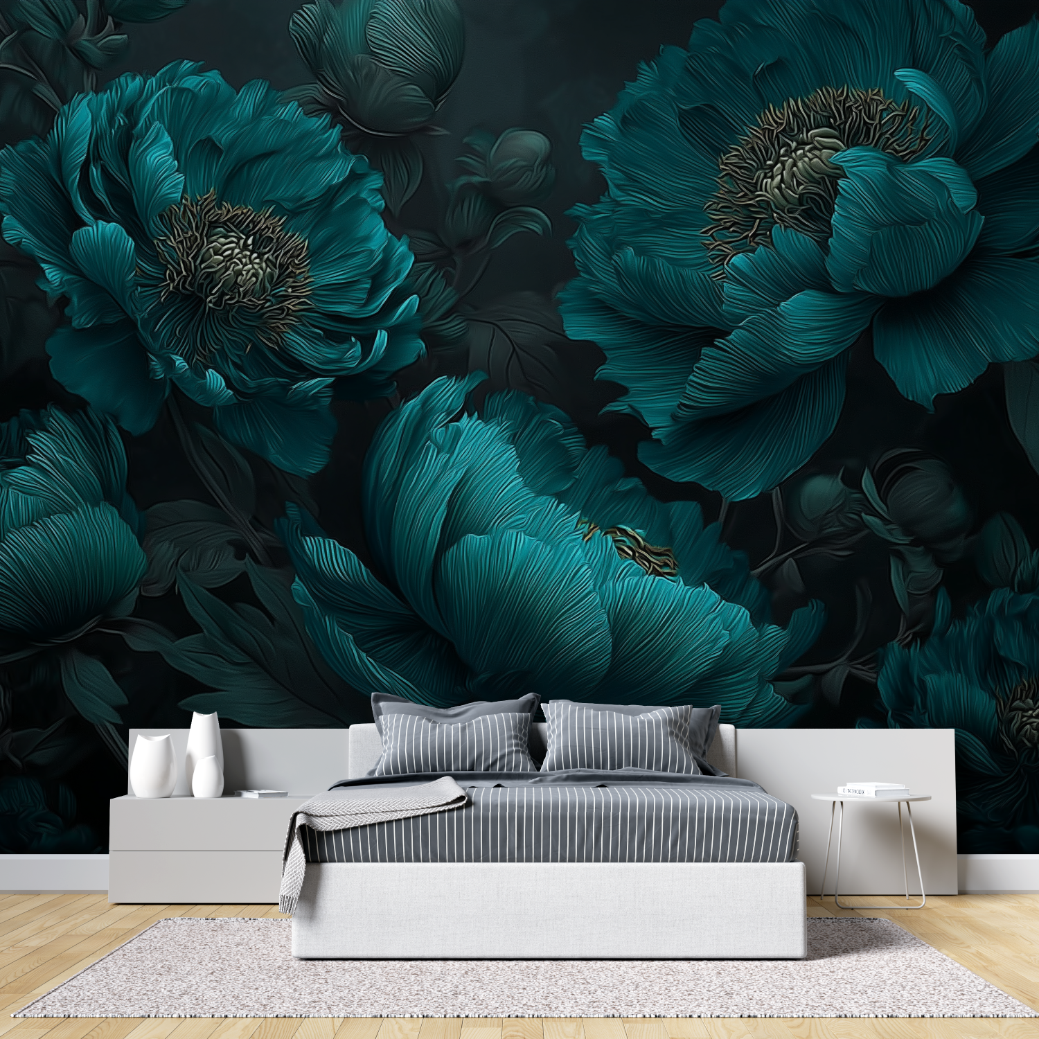 Beautiful green blue flowers mural wallpaper tete de lit