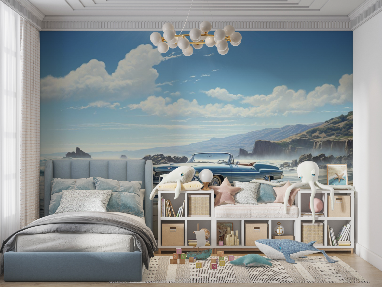 Papier peint bleue voiture cubaine panoramique garcon