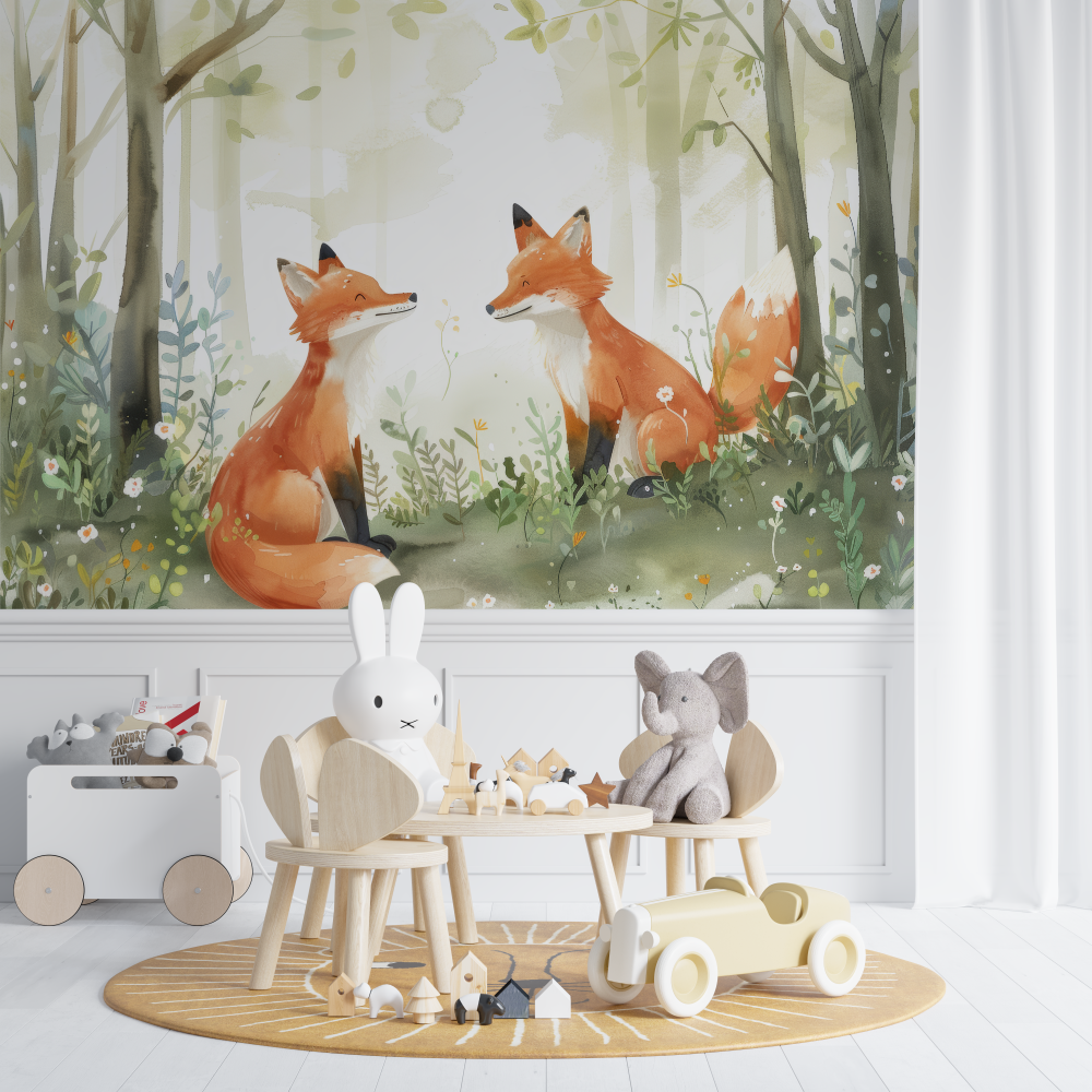 Papier peint renard foret vert chambre de bebe