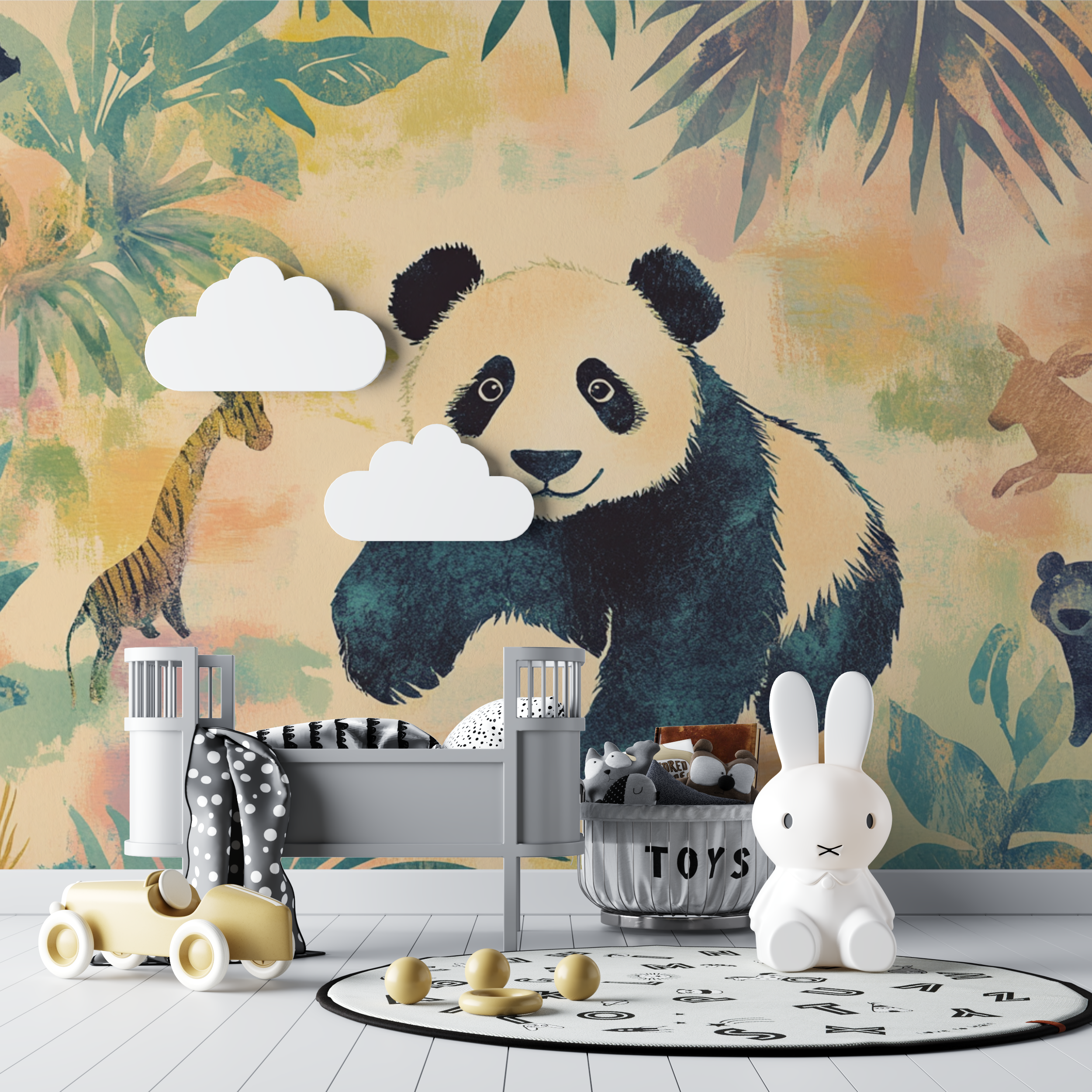Papier peint panda et animaux de la jungle bebe tipi