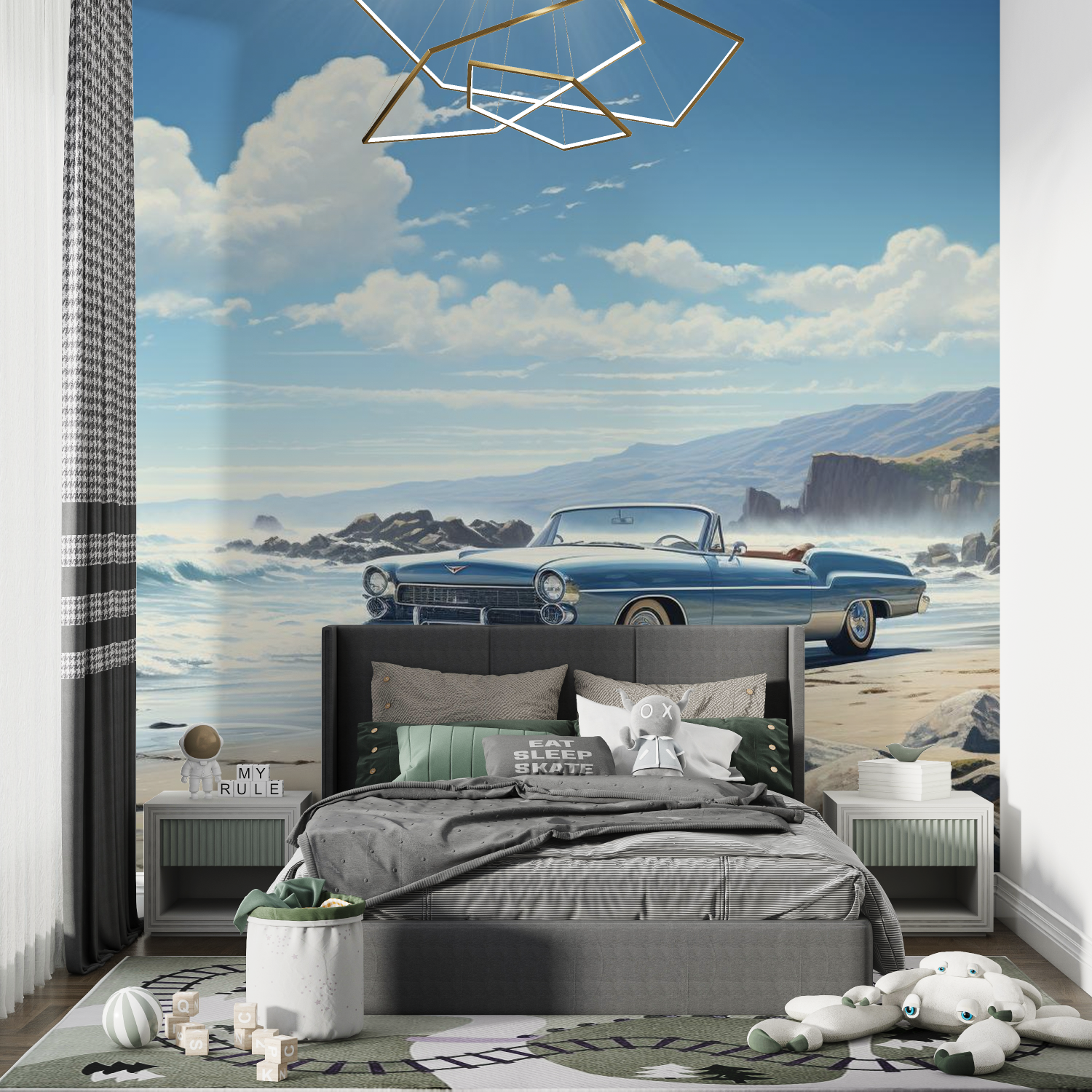 Papier peint bleue voiture cubaine chambre de garcon