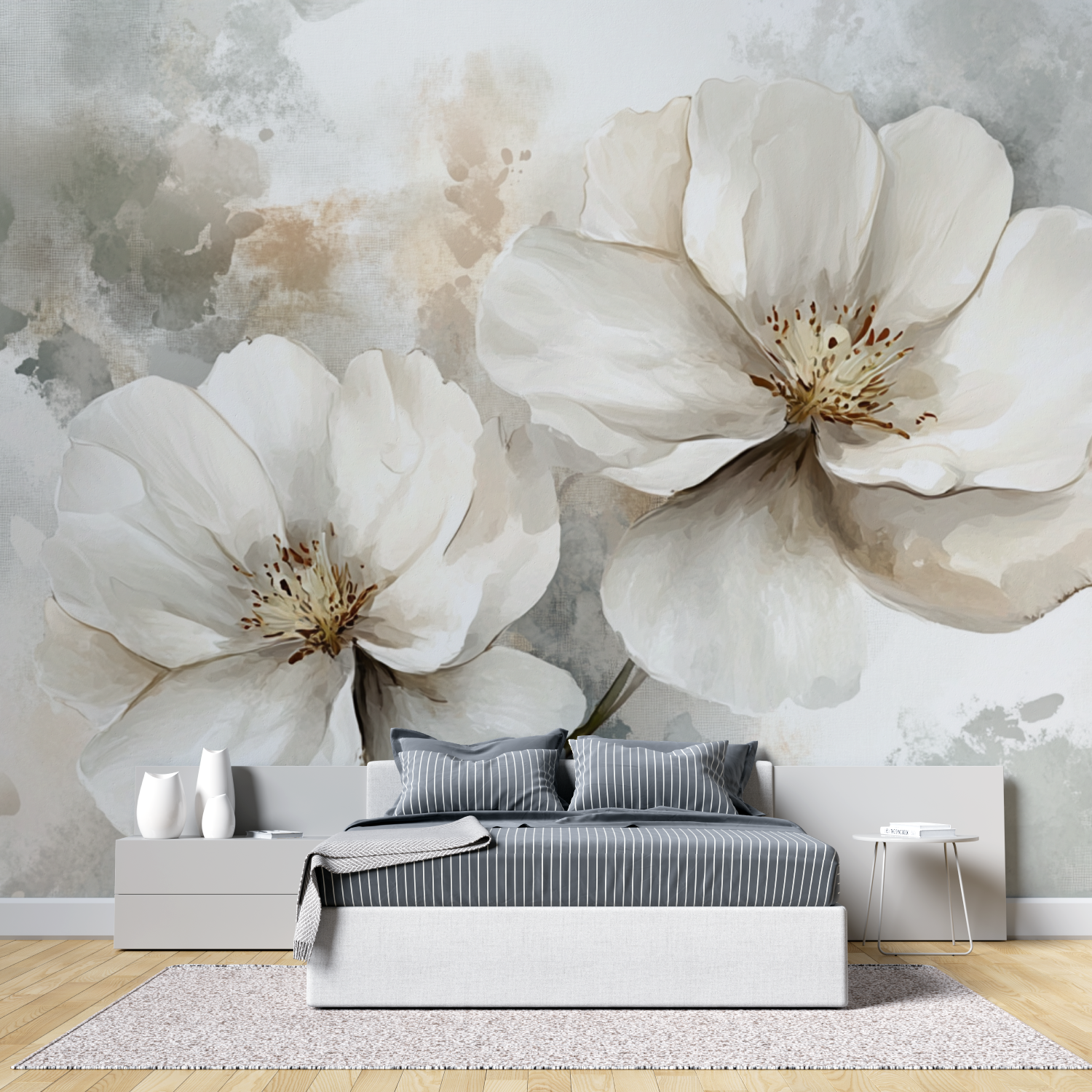 Papier peint aquarelle grande fleur blanche tete de lit