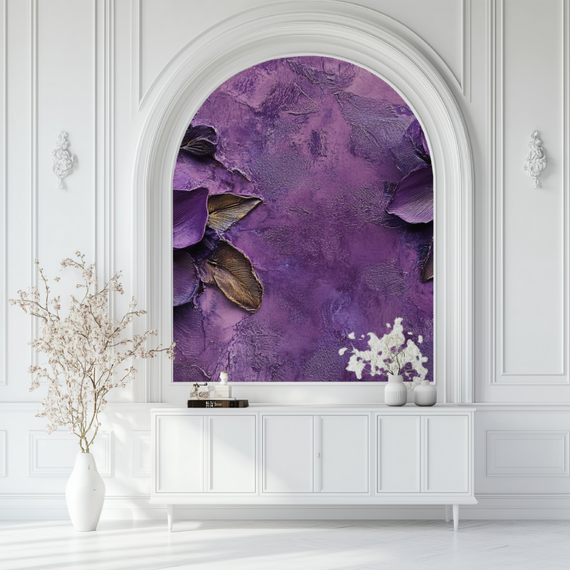 Papier peint fleur mauve velour salon blanc