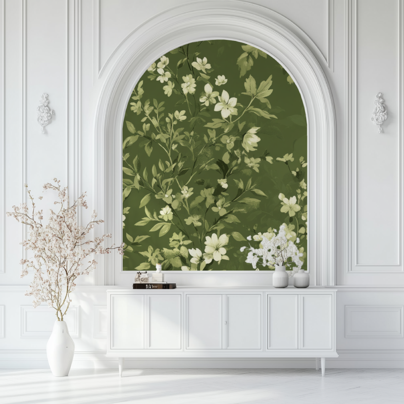 Papier peint vintage floral vert salon blanc
