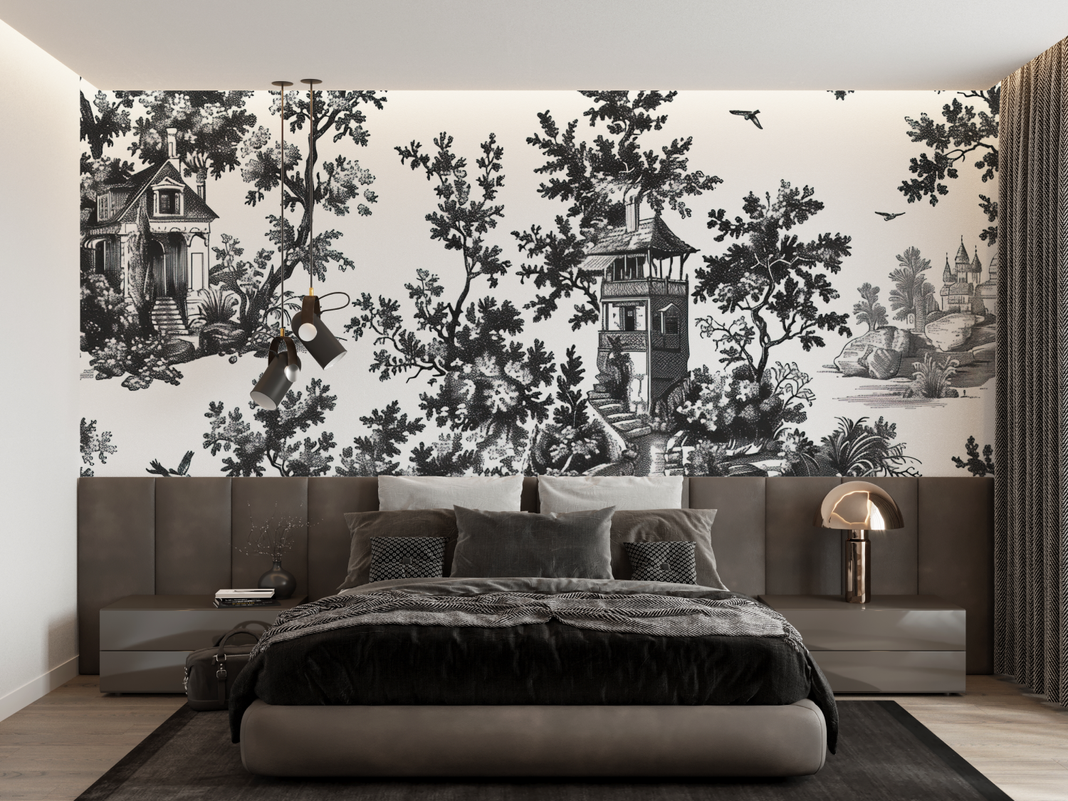 Papier Peint Toile De Jouy Blanc Noir - trompe l'oeil