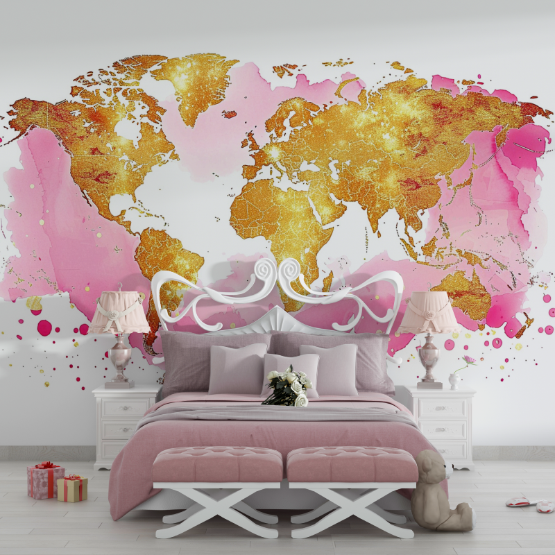 Papier peint carte du monde rose gold chambre filles