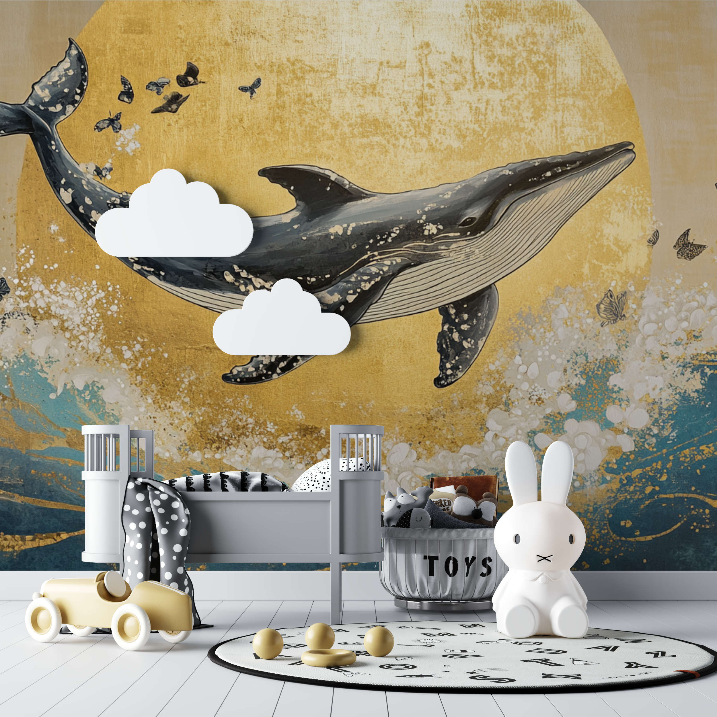 Papier peint baleine et soleil bebe tipi