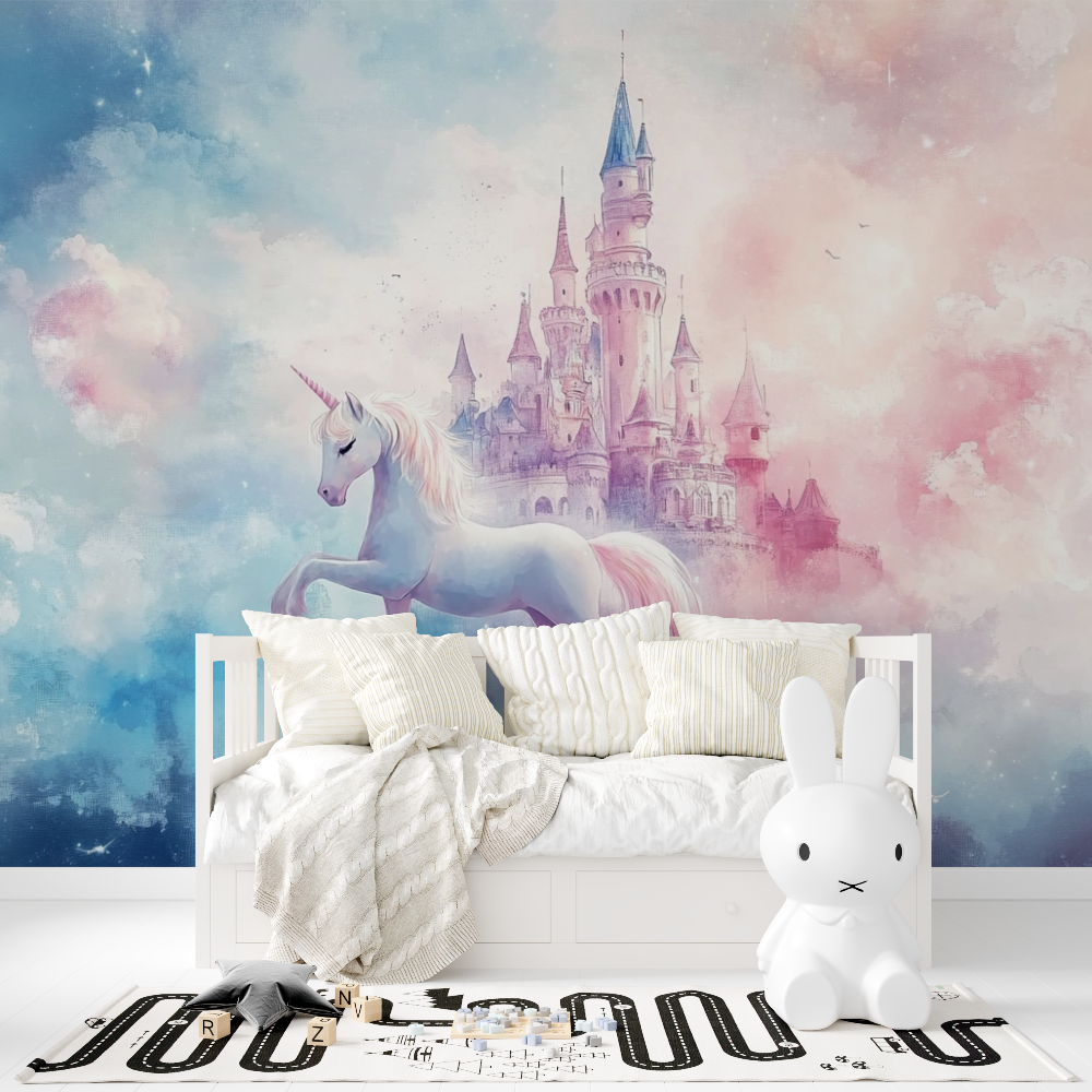 Papier peint decoration licorne...t chateau tapisserie fille