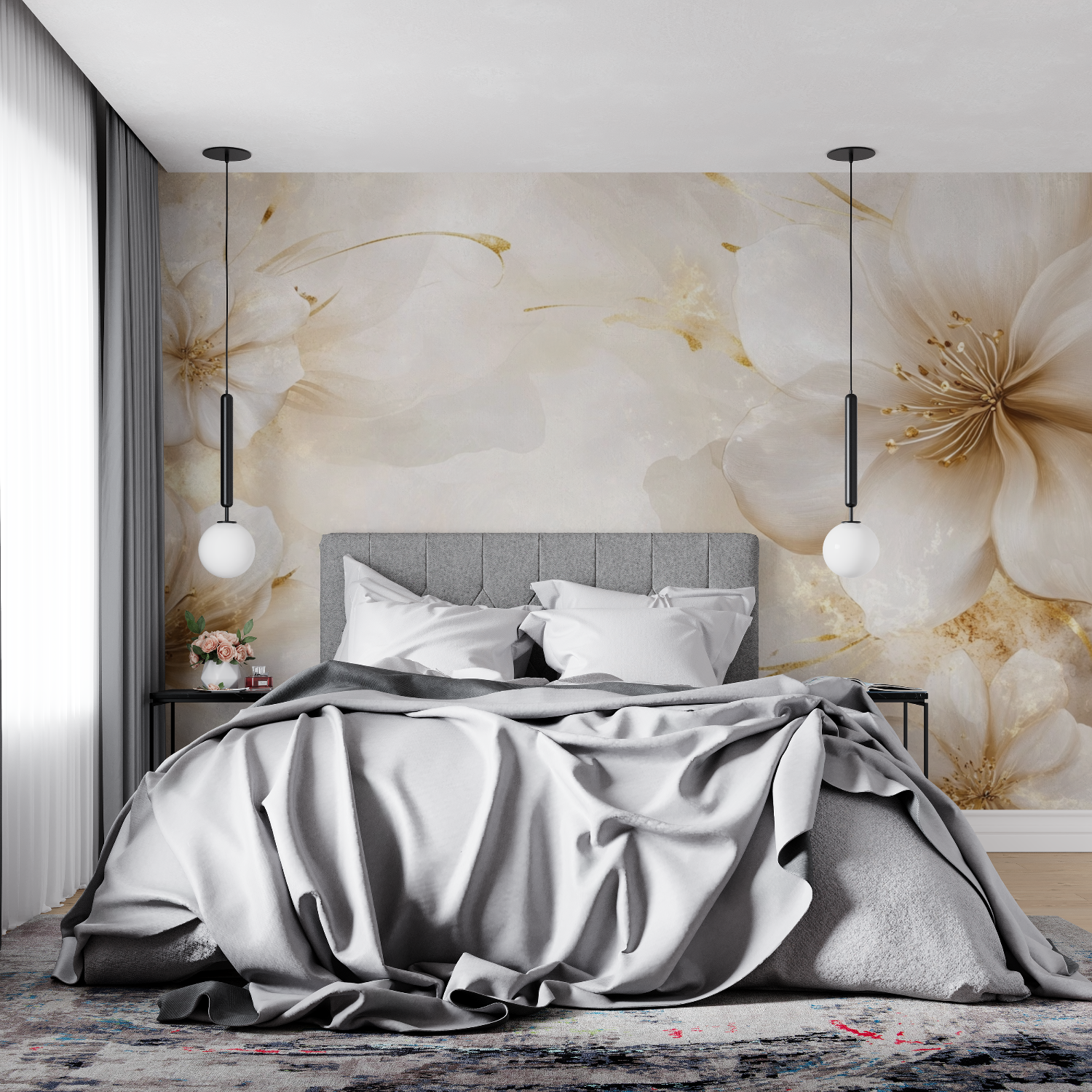 Papier peint fleurs transparences beige et dore 4murs