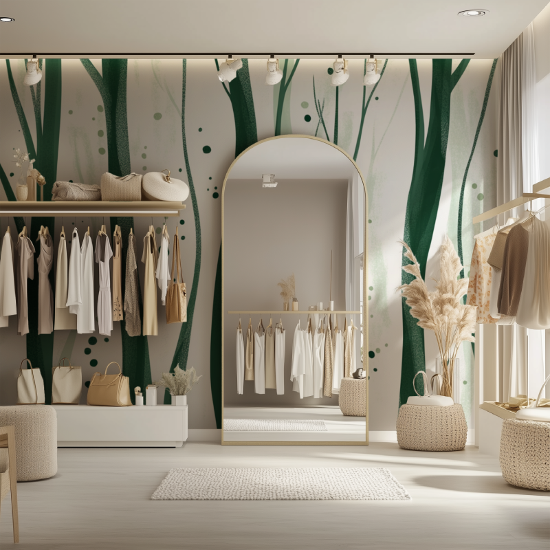 Papier peint arbre stylise vert et blanc dressing