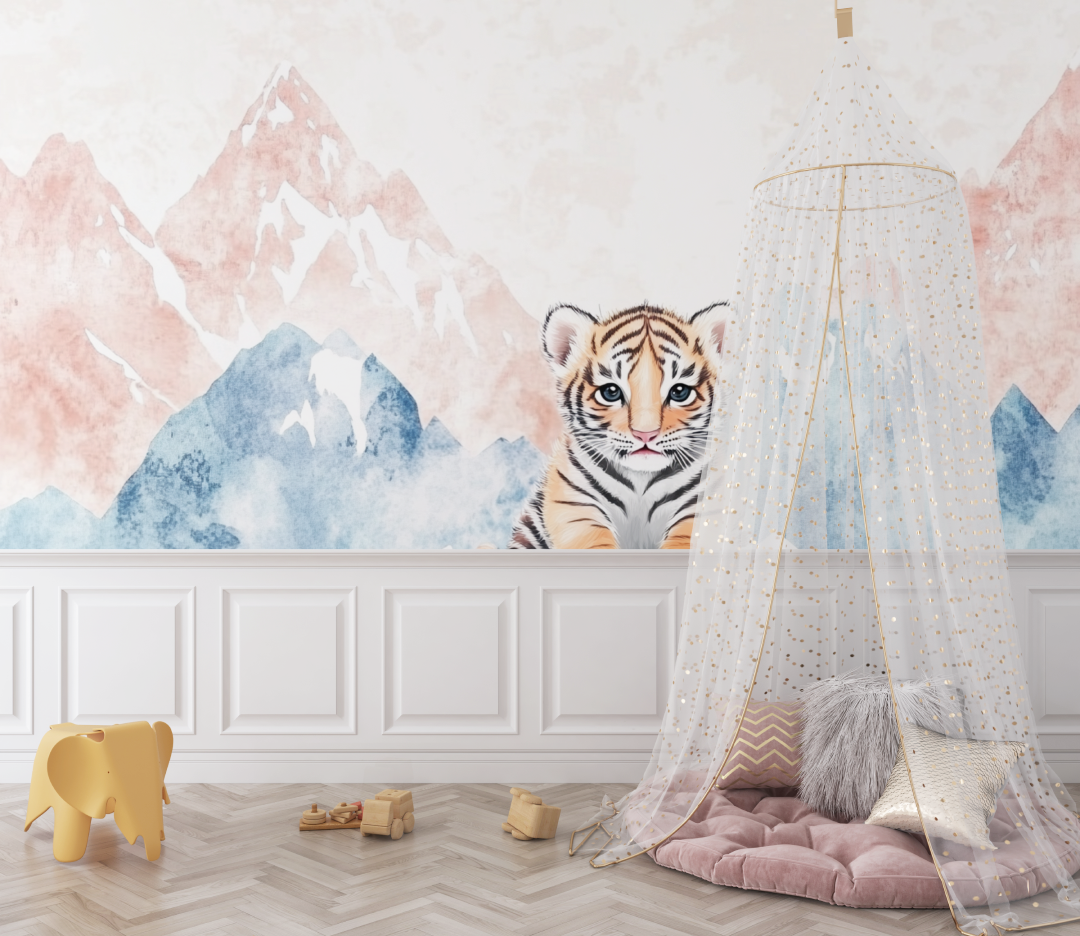 Papier peint tigre et montagnes douces bebe