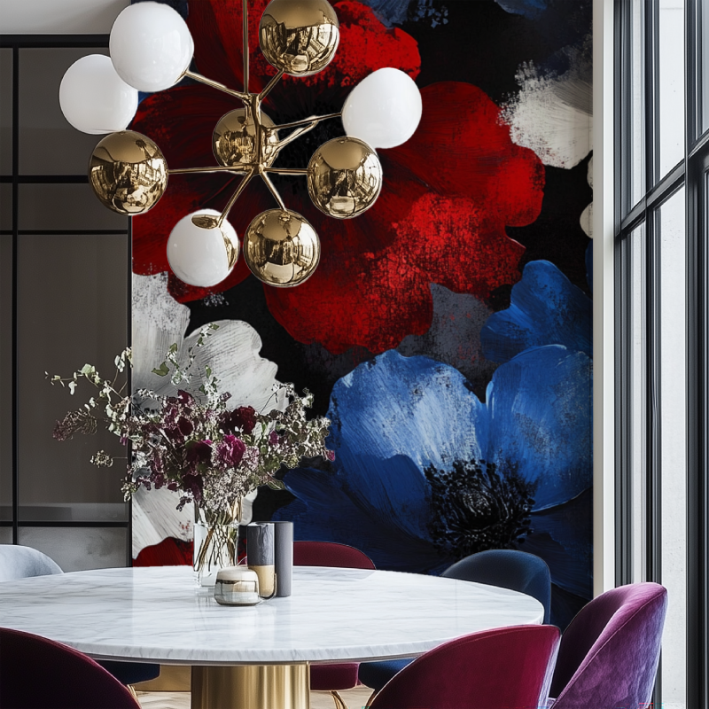 Papier peint fleur fond noir salon chaise