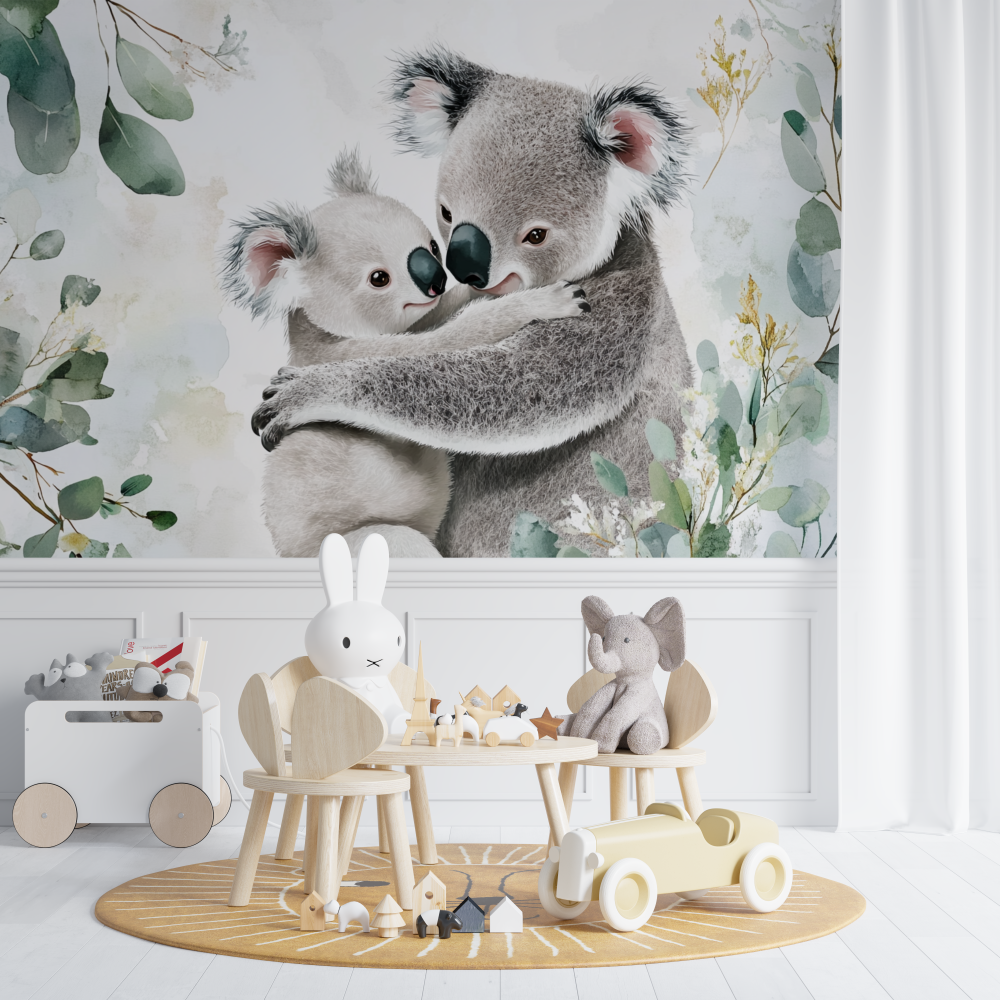 Papier peint koala blotti contre sa maman chambre de bebe