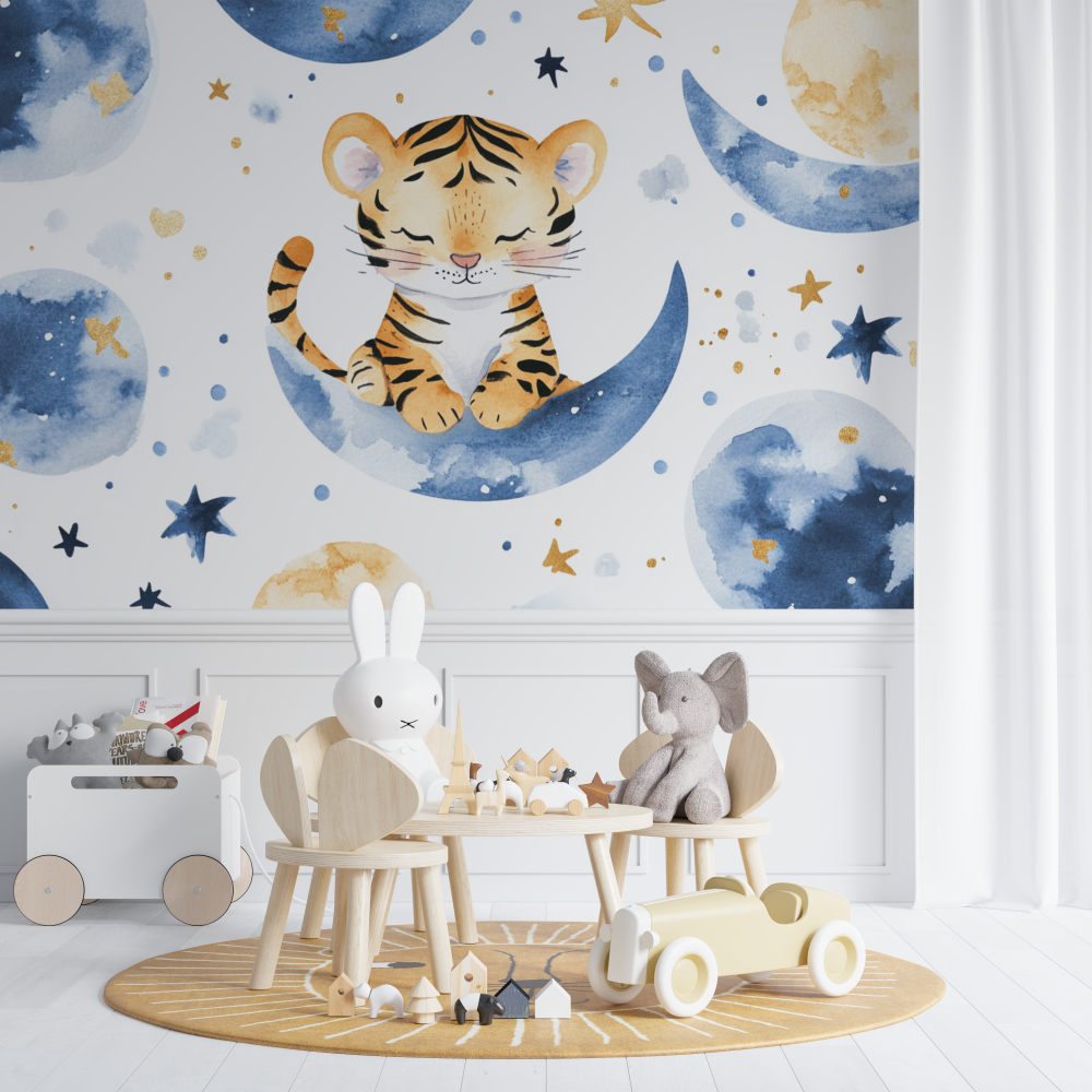Papier peint tigre et lune chambre de bebe