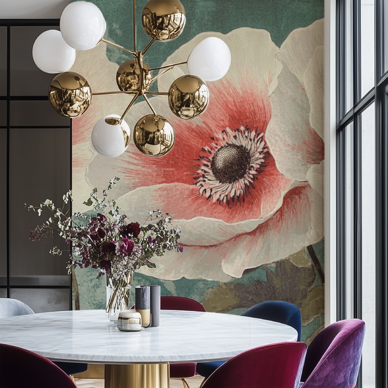 Papier peint vintage grosse fleurs salon chaise