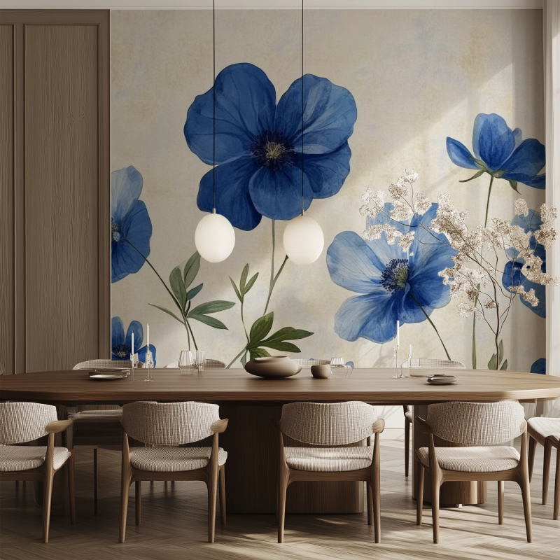 Papier peint vintage fleur bleue salle manger tendance