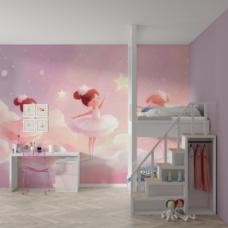 Papier peint rose danceuses mur chambre fille