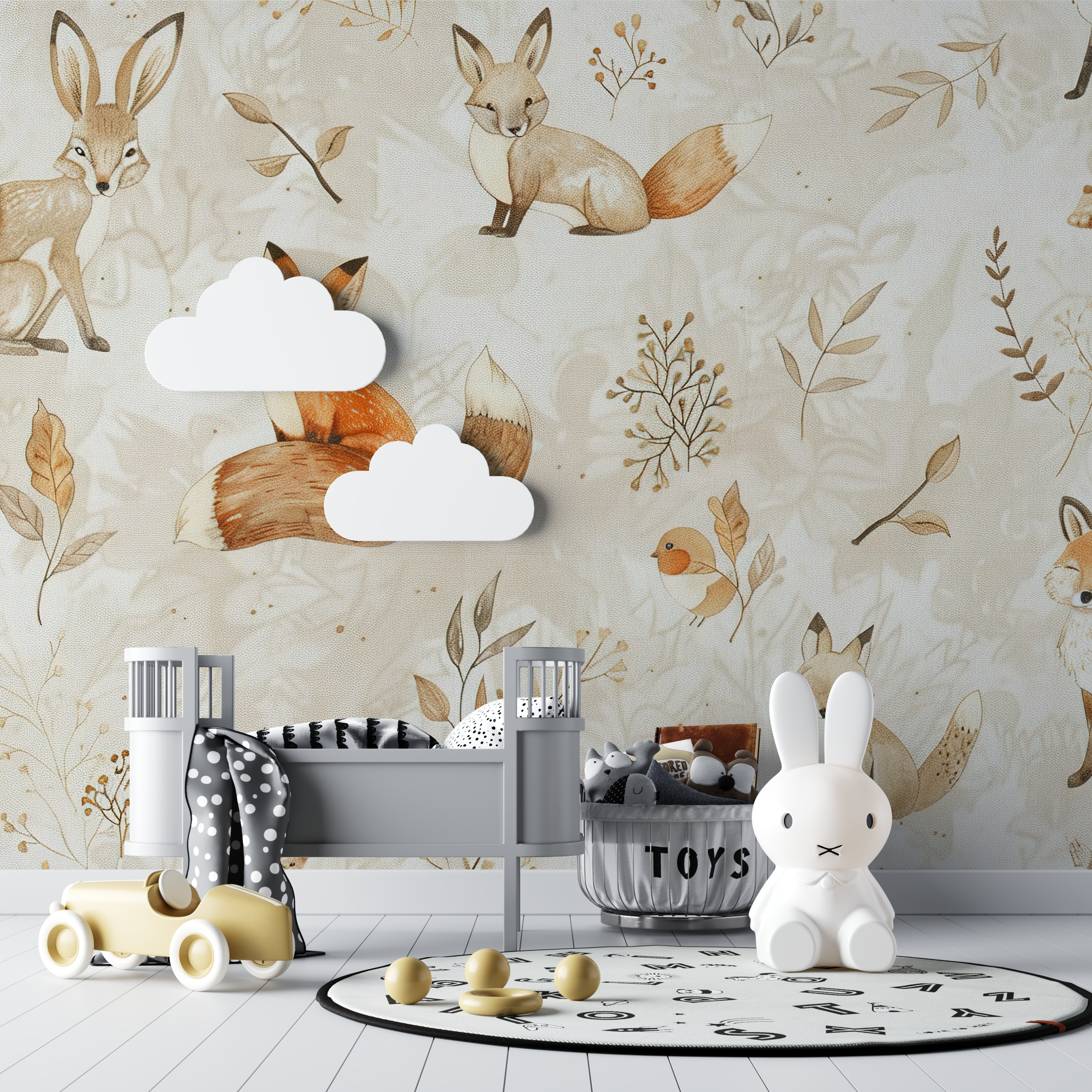 Papier peint renard amis foret beige bebe tipi