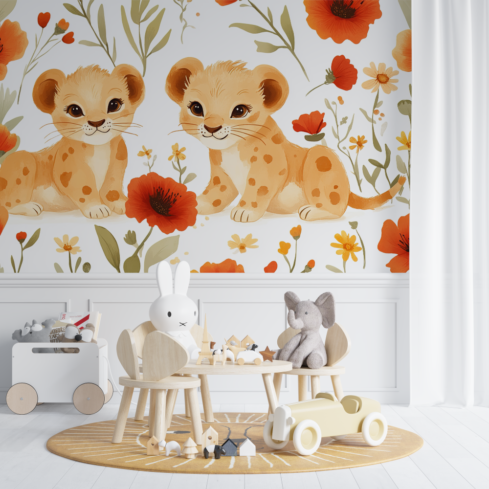 Papier peint lion et ambiance vintage chambre de bebe
