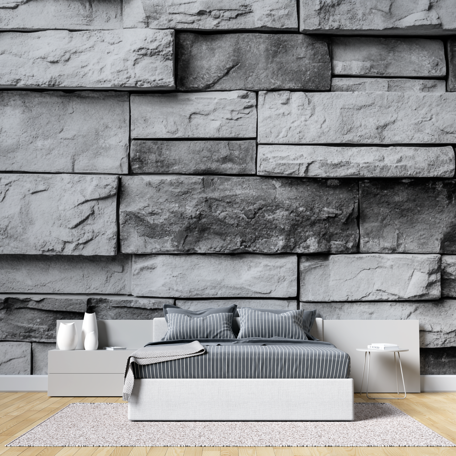 Papier peint trompe loeil gris tete de lit