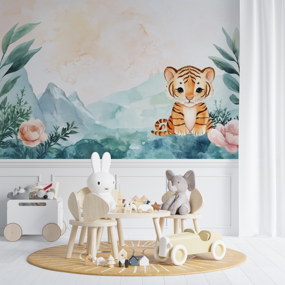 Papier peint tigre et paysages doux chambre de bebe