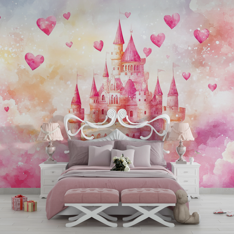 Papier peint princesse chateau rose bebe chambre filles