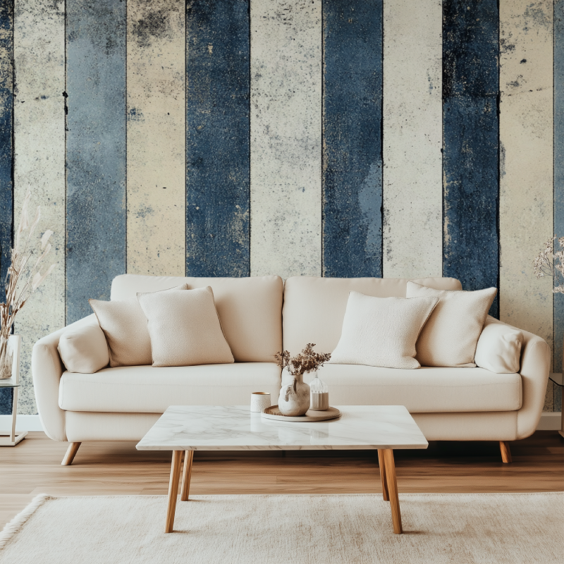 Papier peint vintage rayures gris bleu pale canape simple