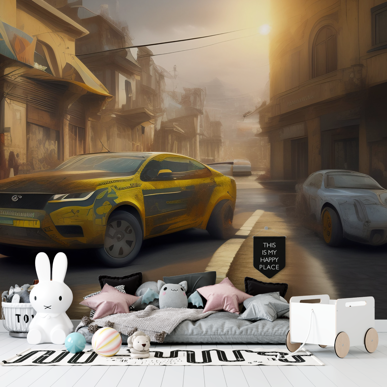 Papier peint 3d voiture jaune tapisserie garcon