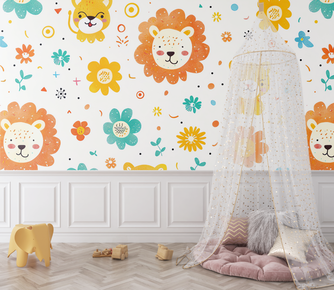 Papier peint lion et fleurs delicates bebe