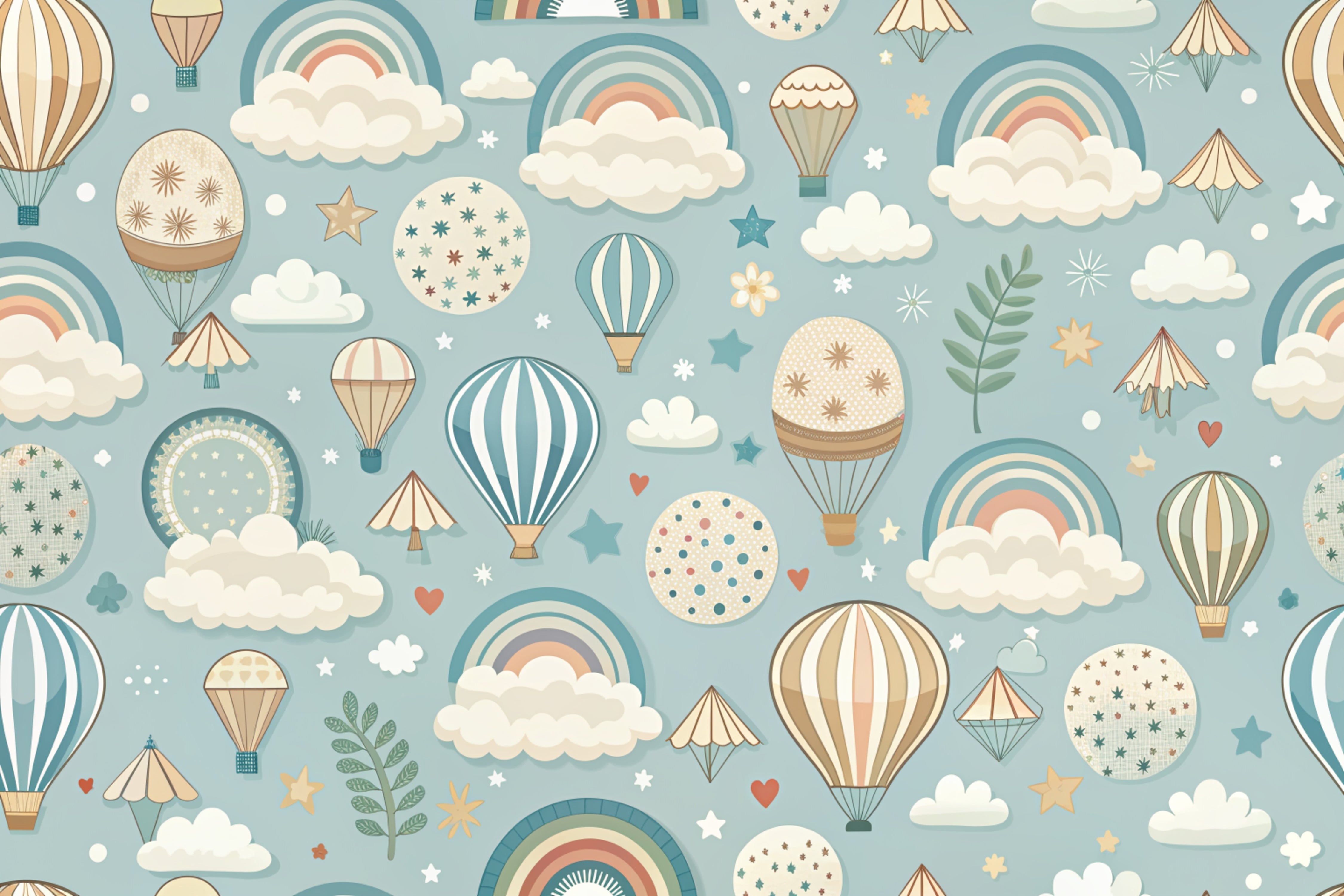 Papier peint bébé Montgolfières et nuages bleu