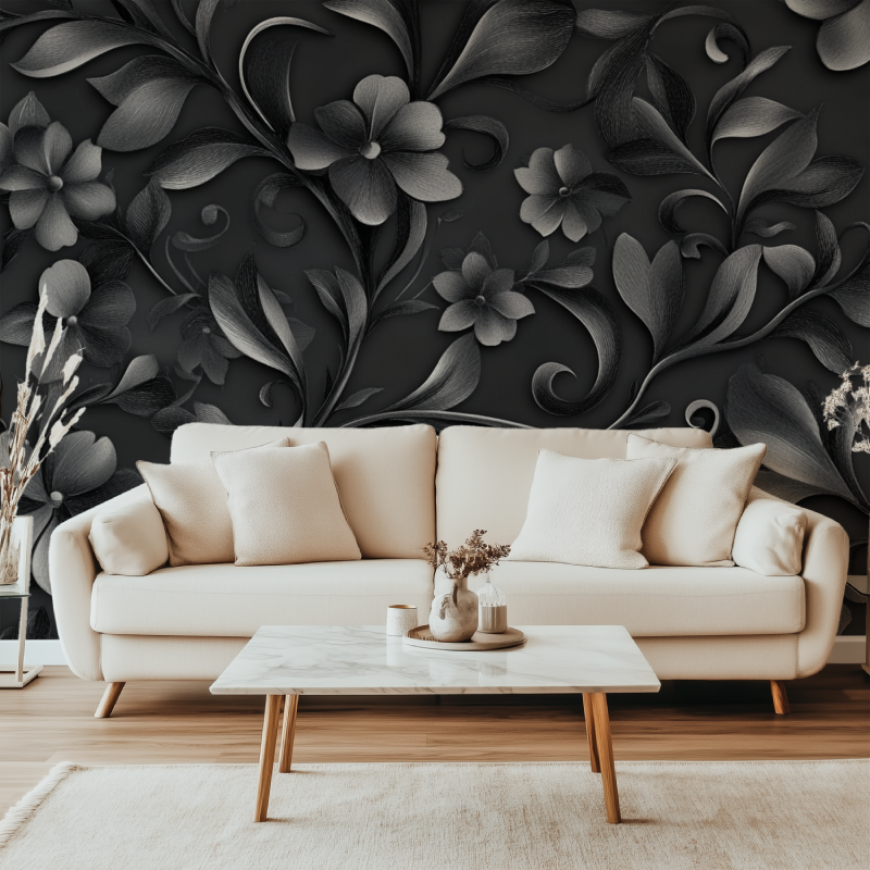 Papier peint noir et fleur vintage canape simple
