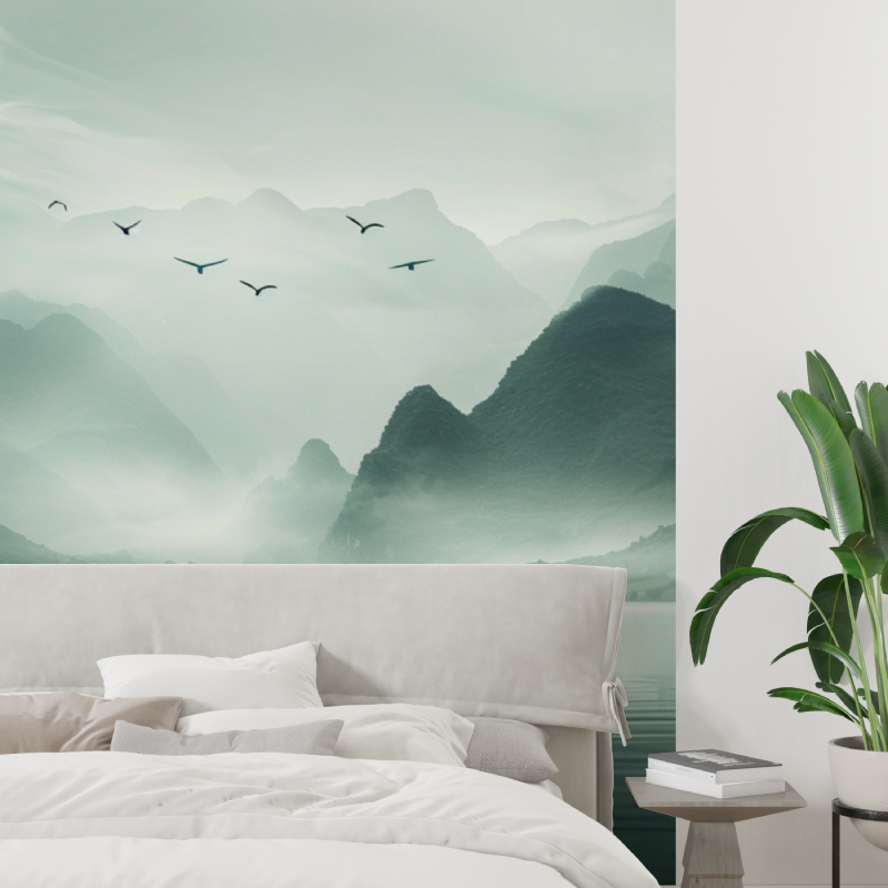 Papier peint montagne et voile ...le lac tapisserie tendance