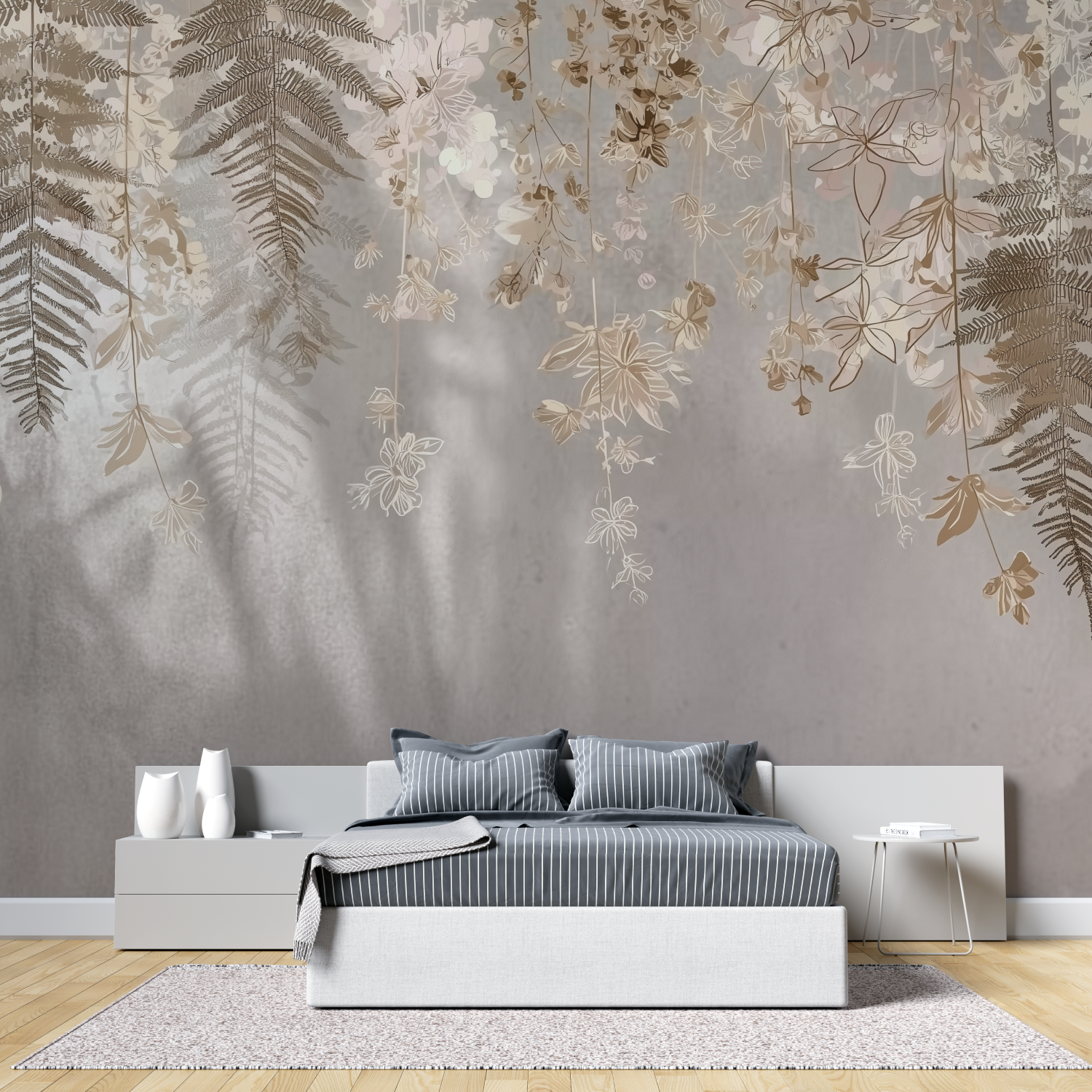 Beige gold leaf mural wallpaper tete de lit