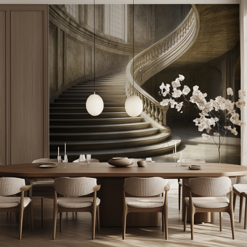 Papier peint escalier trompe loeil salle manger tendance