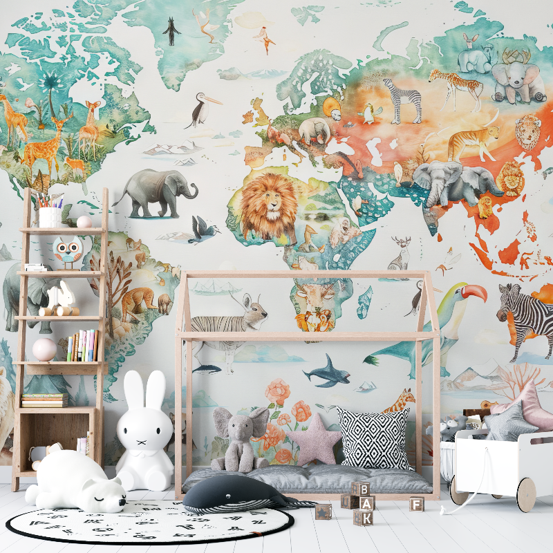 Papier peint carte du monde animaux 12