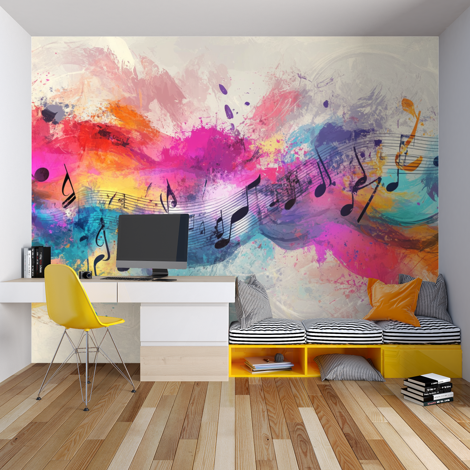 Papier peint musique couleur forte chambre garcon lit