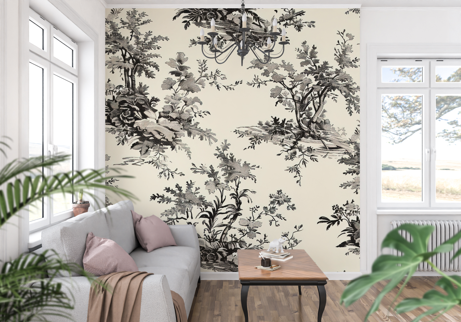 Papier Peint Toile De Jouy Noir Blanc - tapisserie