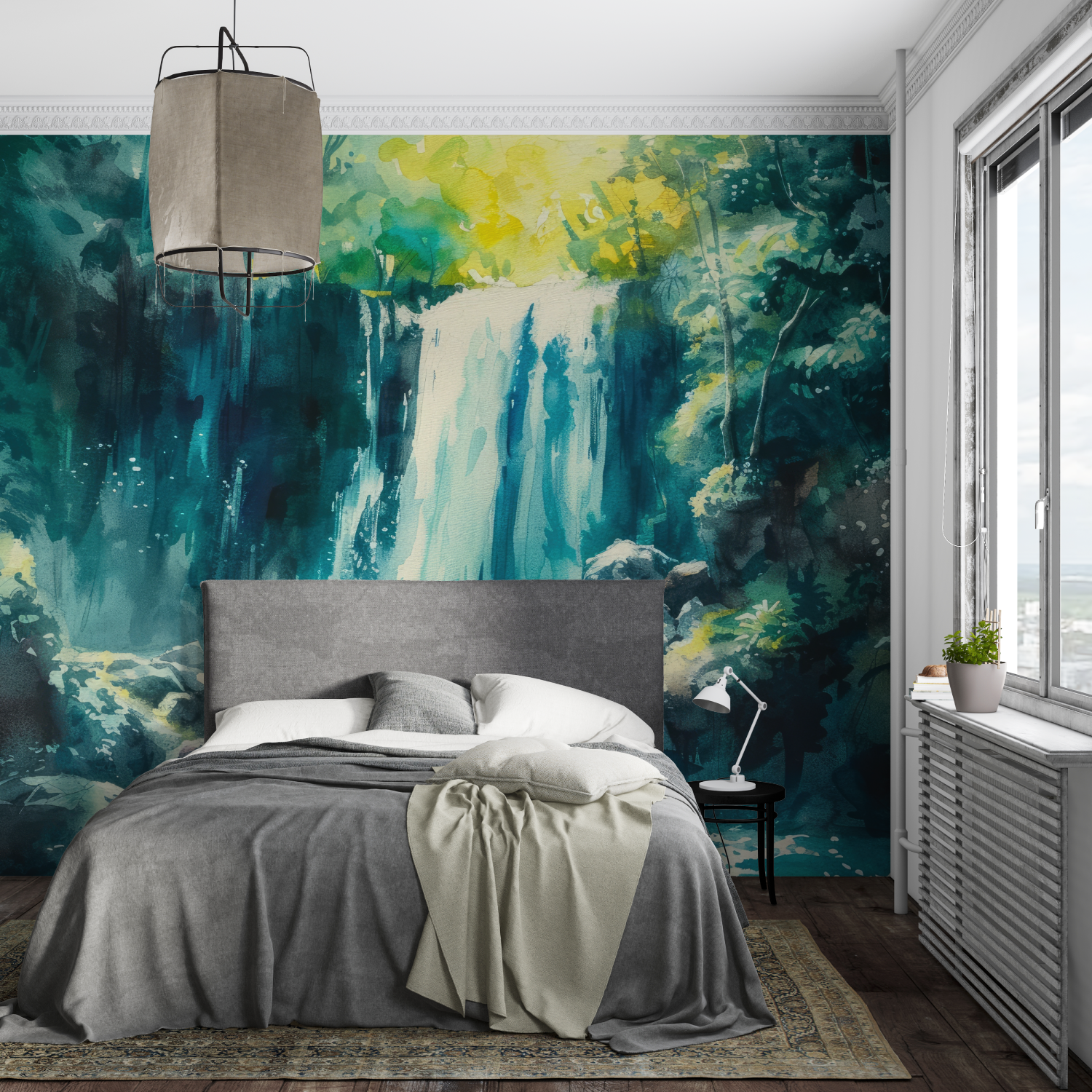 Papier peint aquarelle cascade zen mural