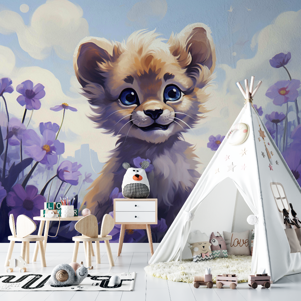 Papier peint lion violet chambre bebe