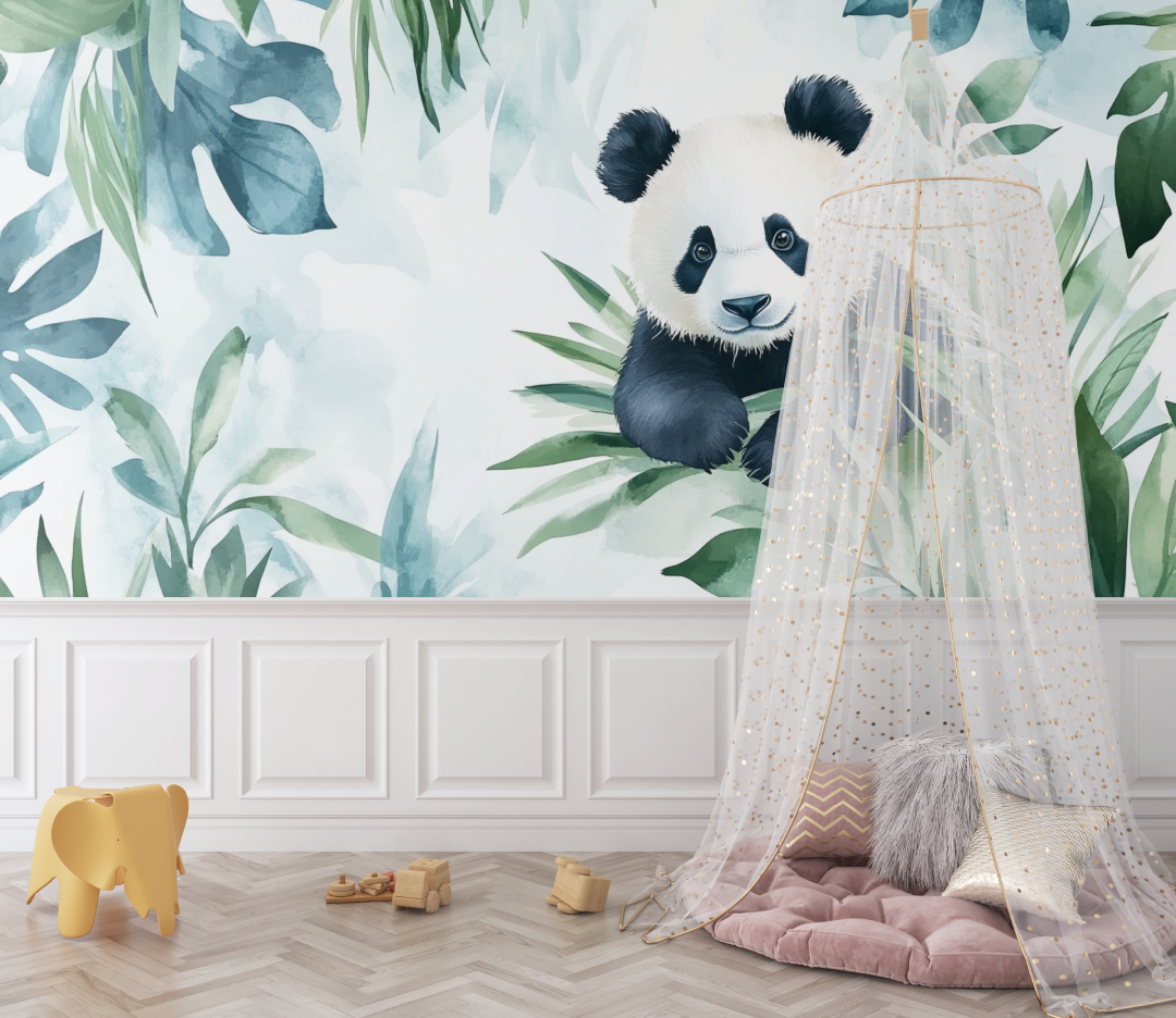 Papier peint panda et ambiance tropicale bebe