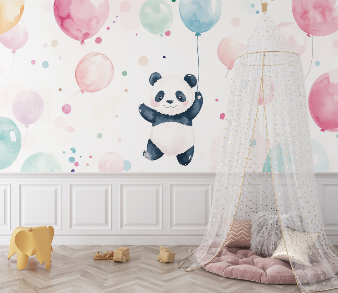 Papier peint panda et ballons colores bebe