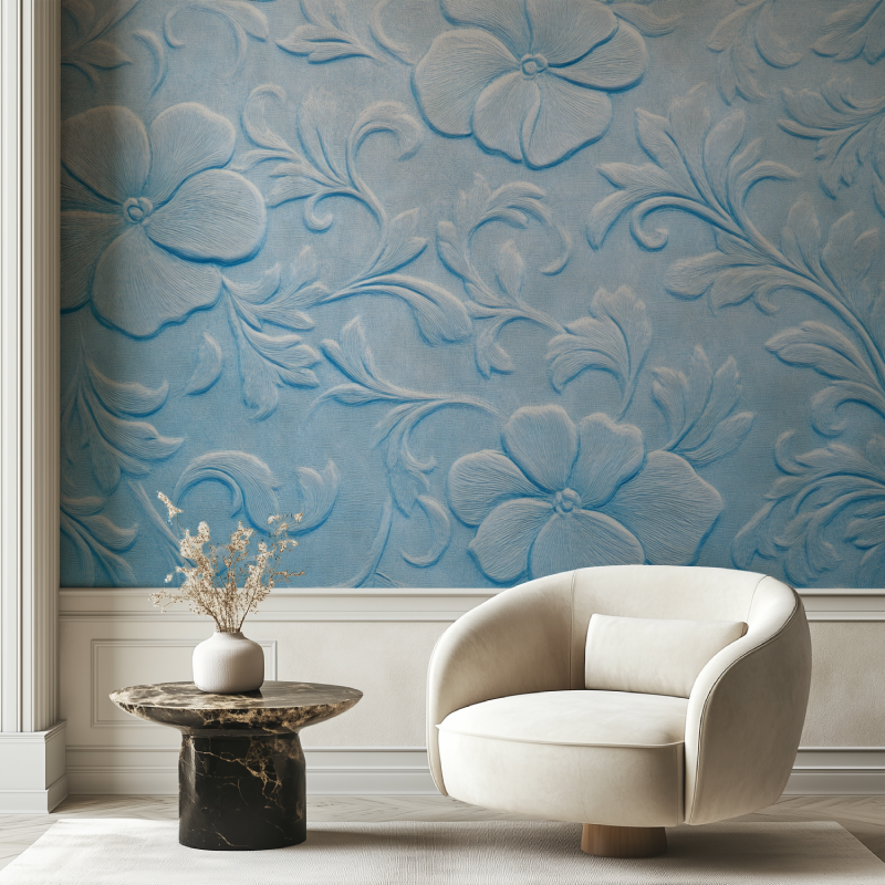 Papier peint vintage fleur bleu chaise tendance