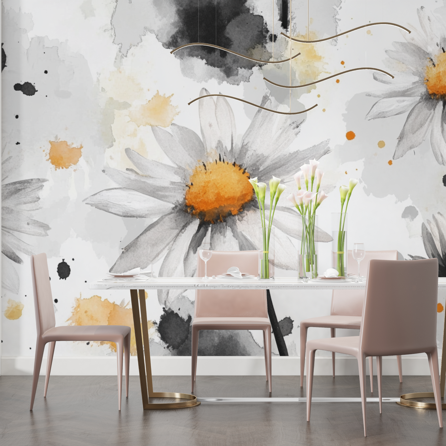 Papier peint aquarelle marguerites esquissees salon