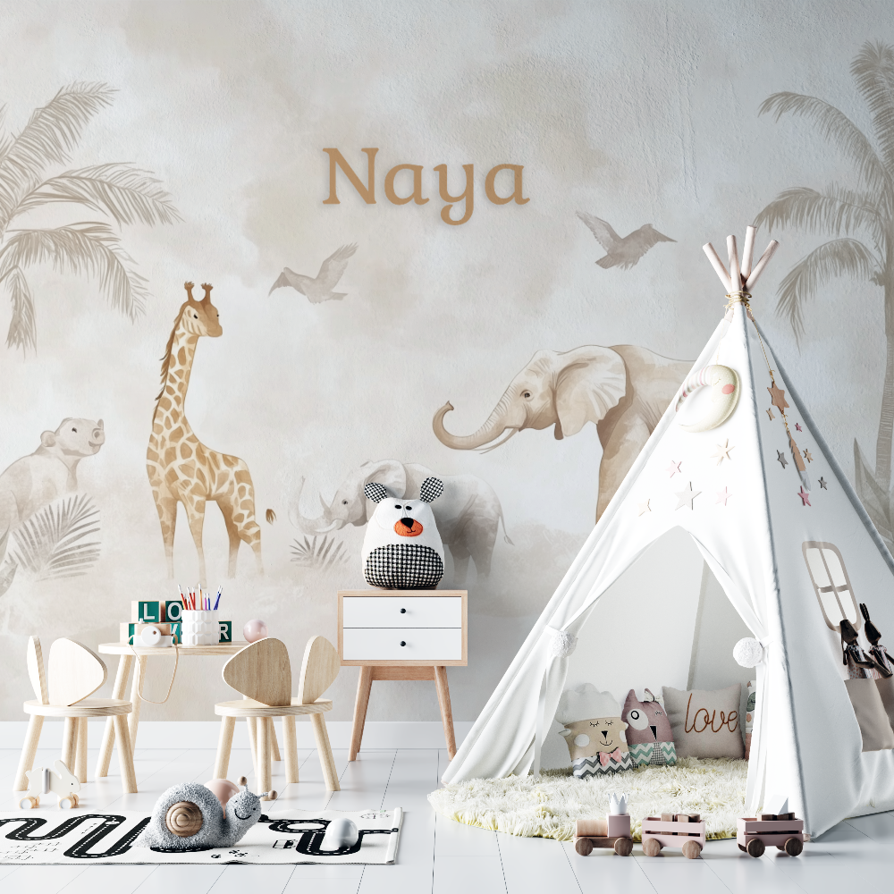 Papier peint prenom animaux safari chambre bebe