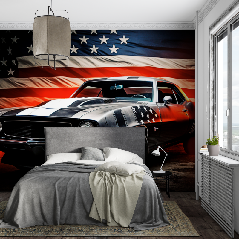 Papier peint voiture americaine avec drapeau piece ados