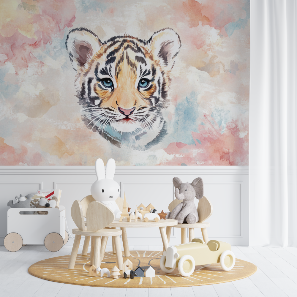 Papier peint tigre et couleurs pastel chambre de bebe