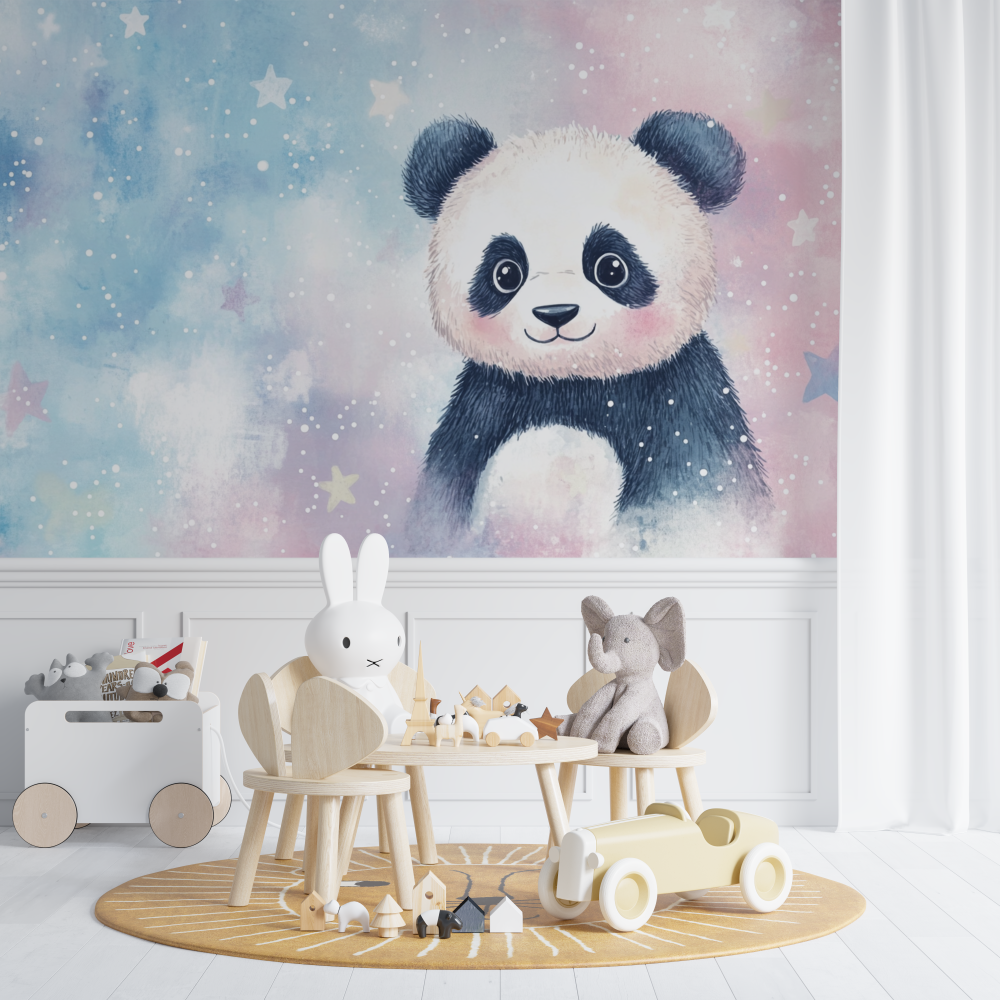 Papier peint panda et etoiles filantes chambre de bebe