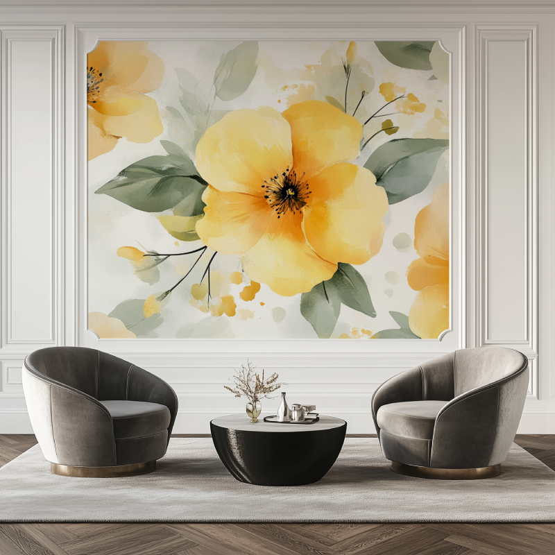 Papier peint fleur jaunes salon tapis